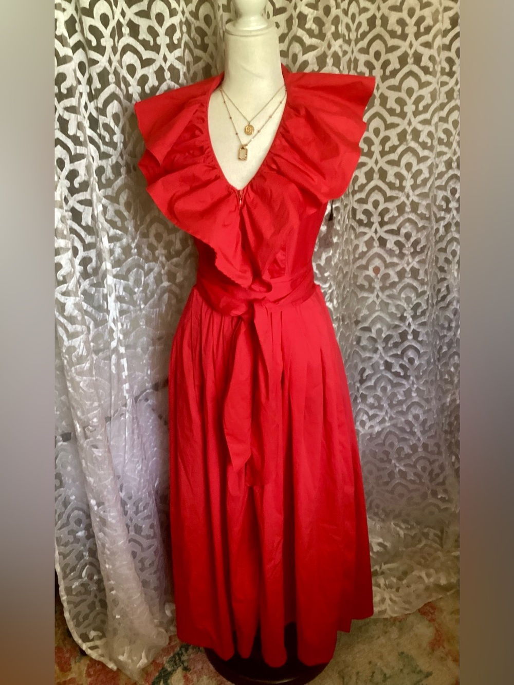 Anne Fontaine Red Ruffled V-Neck Maxi Dress with Waist Tie